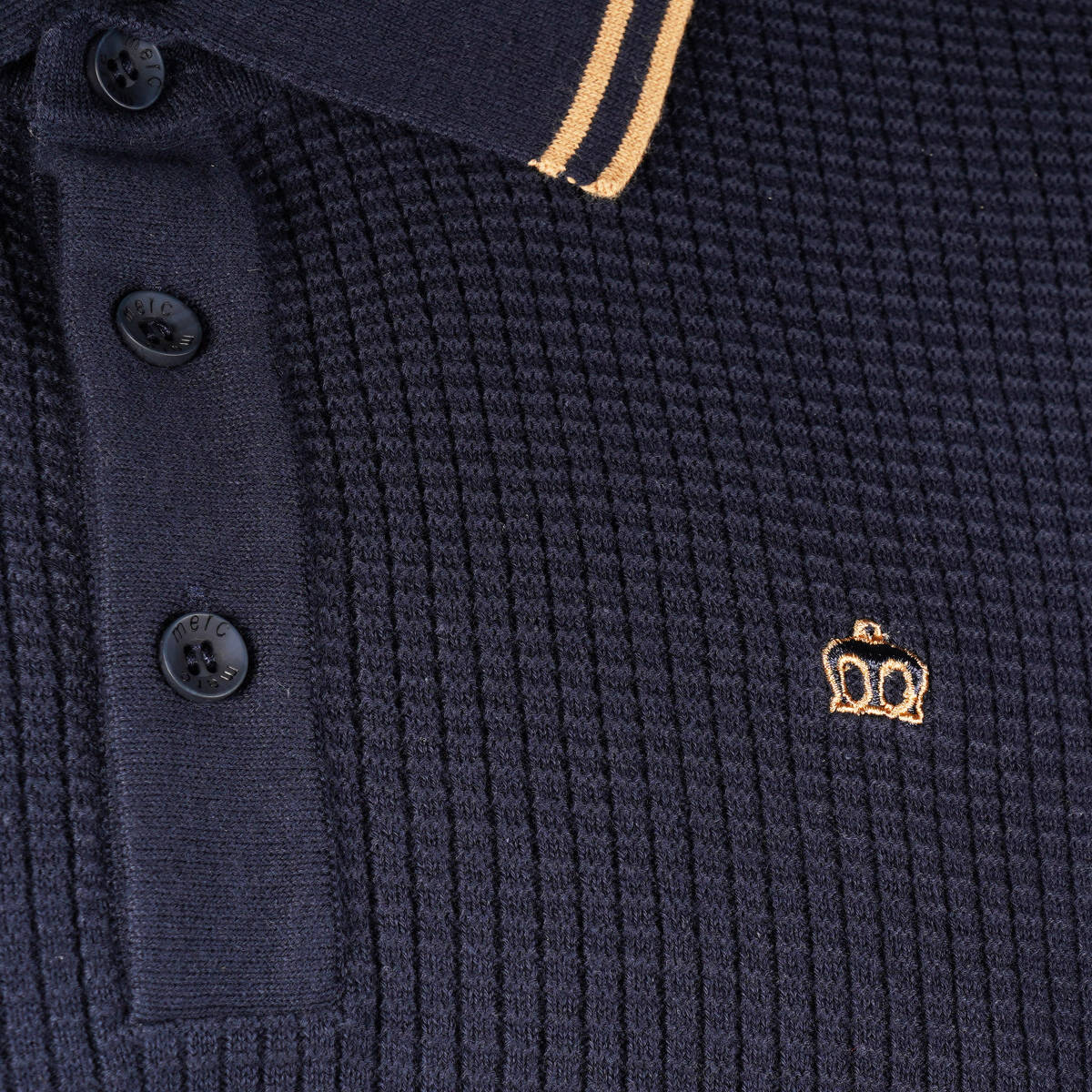 Merc London Fine Knit Waffle Tipped Collar Polo Shirt Navy