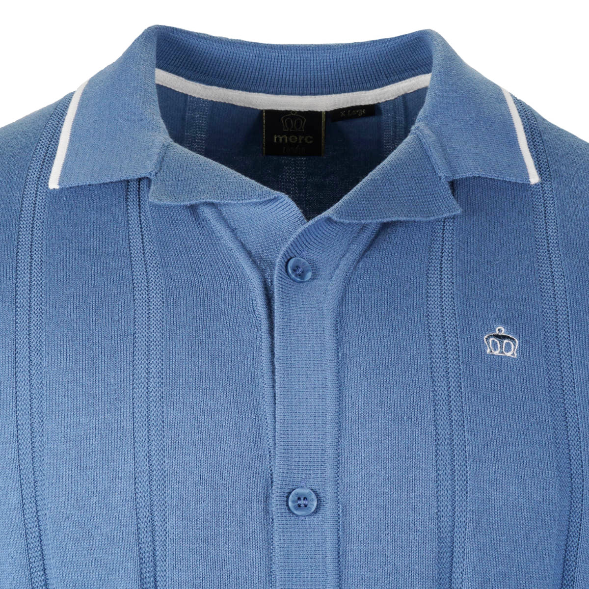 Merc London Fine Knit Revere Collar Cardi Polo Mid Blue