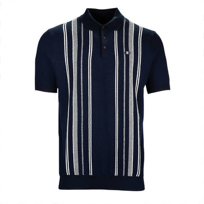 Ben Sherman Crinkle Texture Stripe Knit Polo Navy Blue