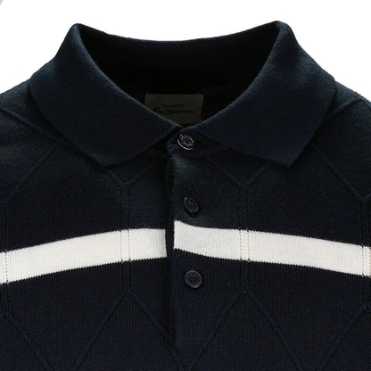 Ben Sherman Argyle Stripe Fine Gauge Knit Polo Navy Blue