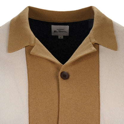 Ben Sherman Revere Collar Fine Gauge Knit Cardi Navy Blue Tan and Stone