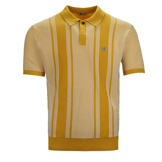 Gabicci Vintage Fine Gauge Knit Raised Stitch Stripe Polo Mustard