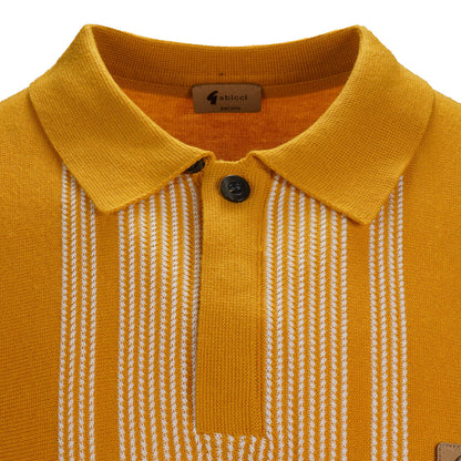 Gabicci Vintage Fine Gauge Knit Raised Stitch Stripe Polo Mustard