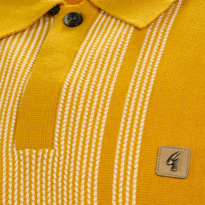 Gabicci Vintage Fine Gauge Knit Raised Stitch Stripe Polo Mustard