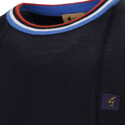 Gabicci Vintage Fine Gauge Knit Relief Stripe Crew Neck Navy