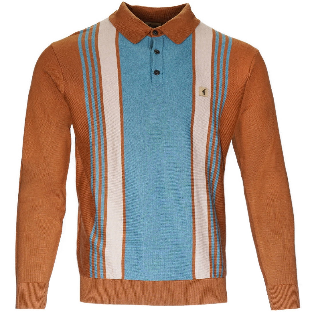 Gabicci Vintage Multi Stripe Long Sleeve 3 Button Polo Walnut