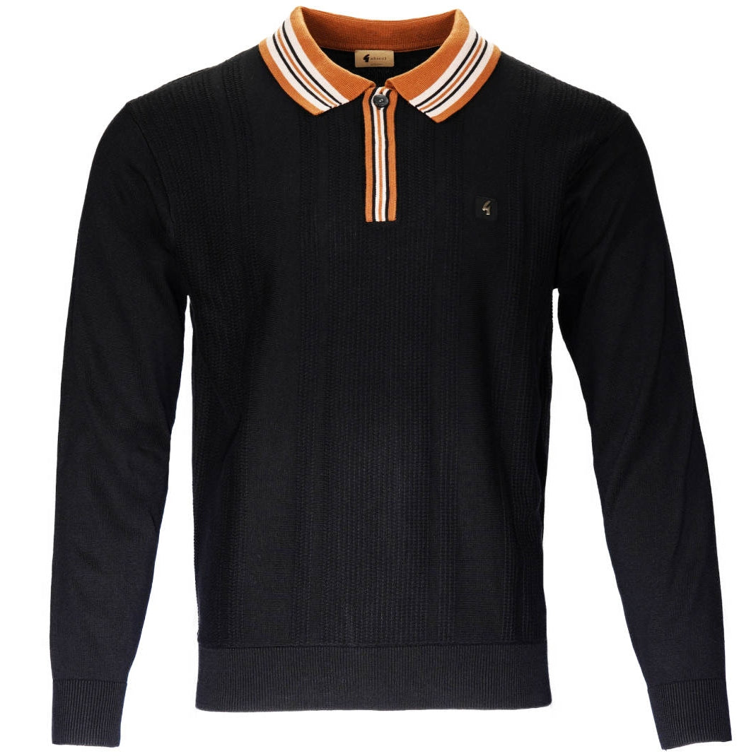 Gabicci Vintage Contrast Tip Collar & Placket Knit Polo Black