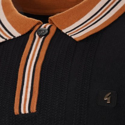 Gabicci Vintage Contrast Tip Collar & Placket Knit Polo Black