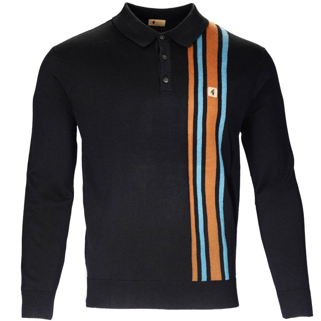 Gabicci Vintage Mod Racing Stripe 3 Button Knit Polo Black