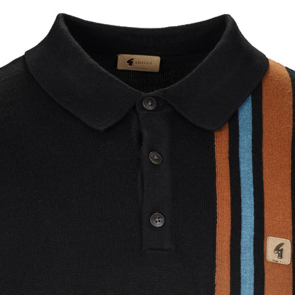 Gabicci Vintage Mod Racing Stripe 3 Button Knit Polo Black