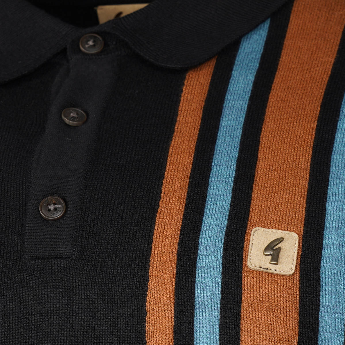 Gabicci Vintage Mod Racing Stripe 3 Button Knit Polo Black