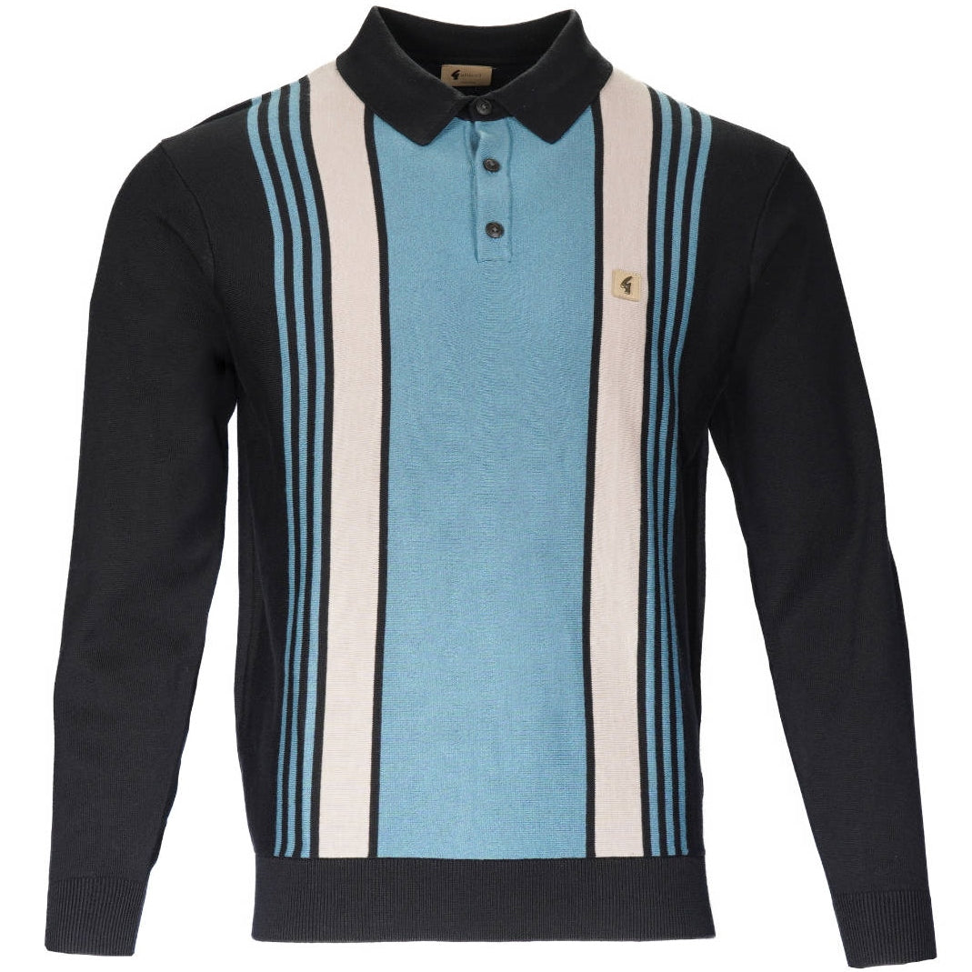 Gabicci Vintage Multi Stripe Long Sleeve 3 Button Polo Black