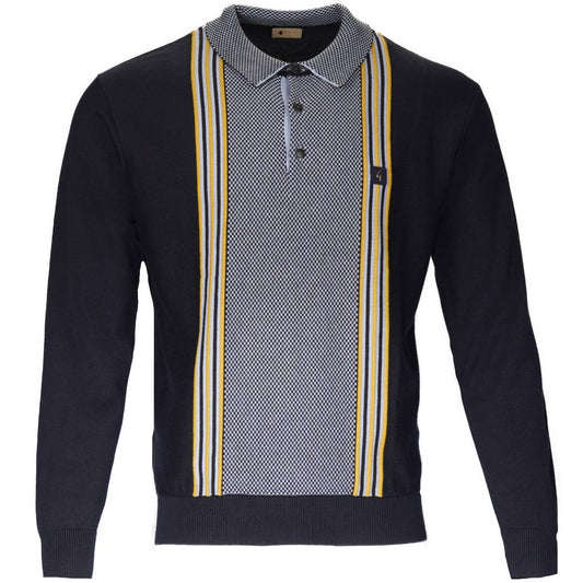 Gabicci Vintage Checker Knit Border Stripe Knit Polo Navy