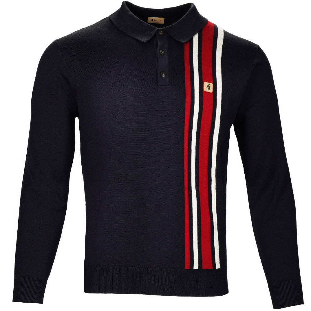 Gabicci Vintage Mod Racing Stripe 3 Button Knit Polo Navy