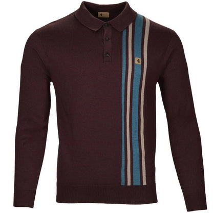 Gabicci Vintage Mod Racing Stripe 3 Button Knit Polo Aubergine