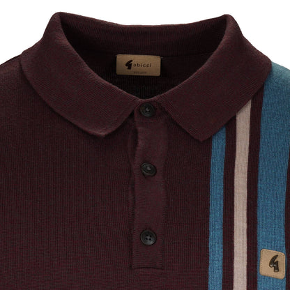 Gabicci Vintage Mod Racing Stripe 3 Button Knit Polo Aubergine