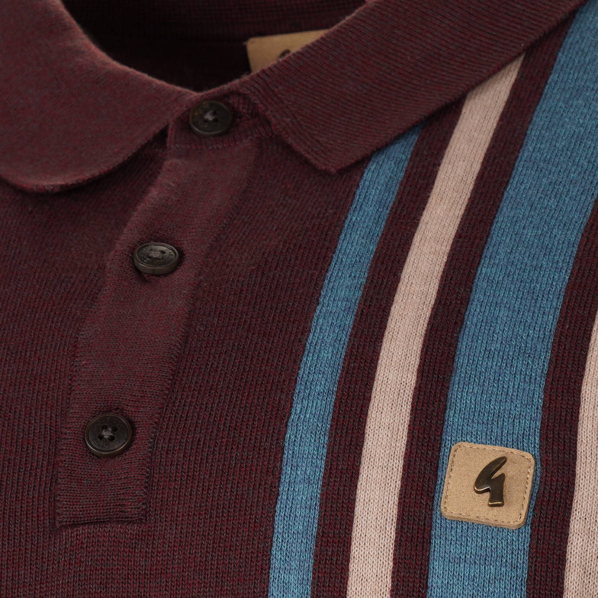 Gabicci Vintage Mod Racing Stripe 3 Button Knit Polo Aubergine