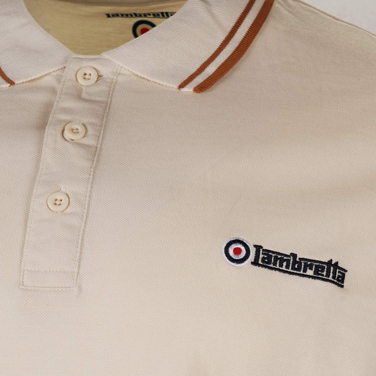 Lambretta Target Logo 3 Button Twin-Tipped Pique Polo Shirt Cream / Tobacco