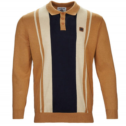 Lambretta Fine Gauge Knit L/S Block Stripe Polo Tobacco