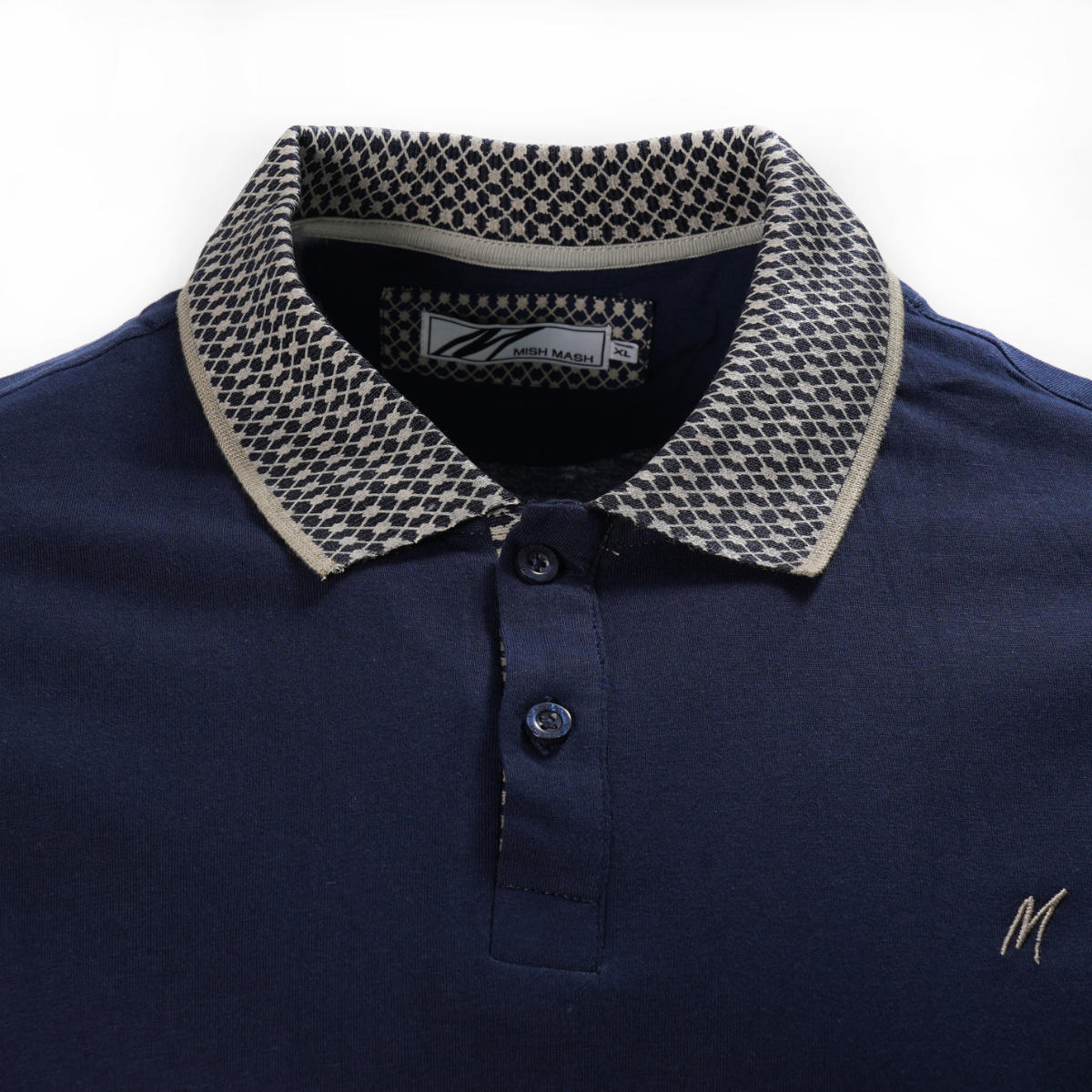 Mish Mash Contrast Jacquard Collar Polo Shirt Navy