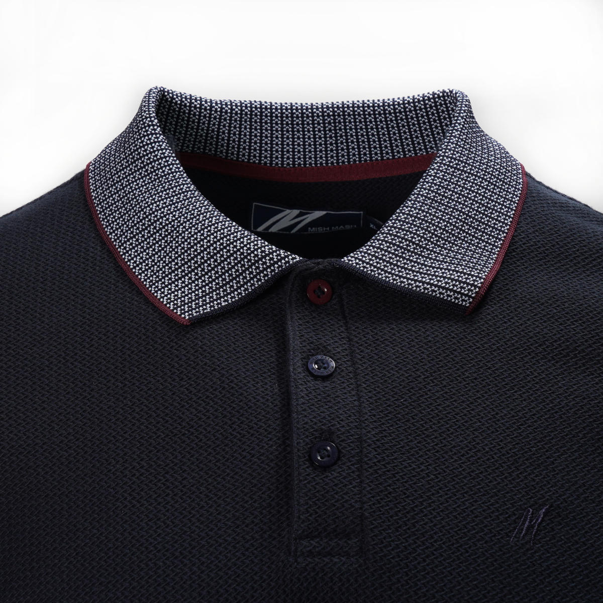 Mish Mash Woven Texture Cotton Polo Shirt Navy