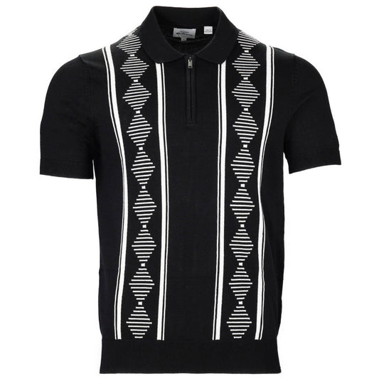 Ben Sherman Zip Neck Argyle Jacquard Knit Polo Black