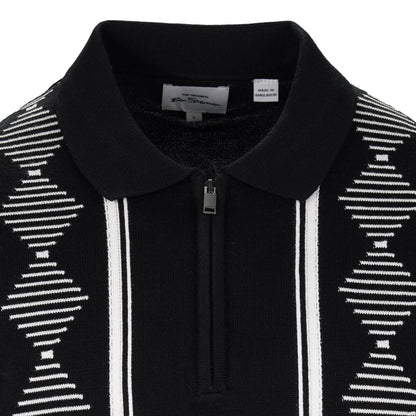 Ben Sherman Zip Neck Argyle Jacquard Knit Polo Black