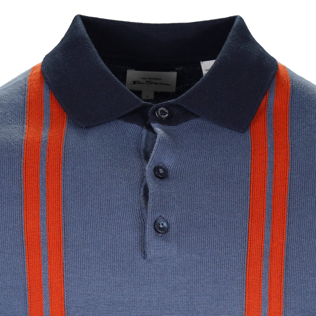 Ben Sherman Vertical Stripe Knit Polo Navy Teal Burnt Orange