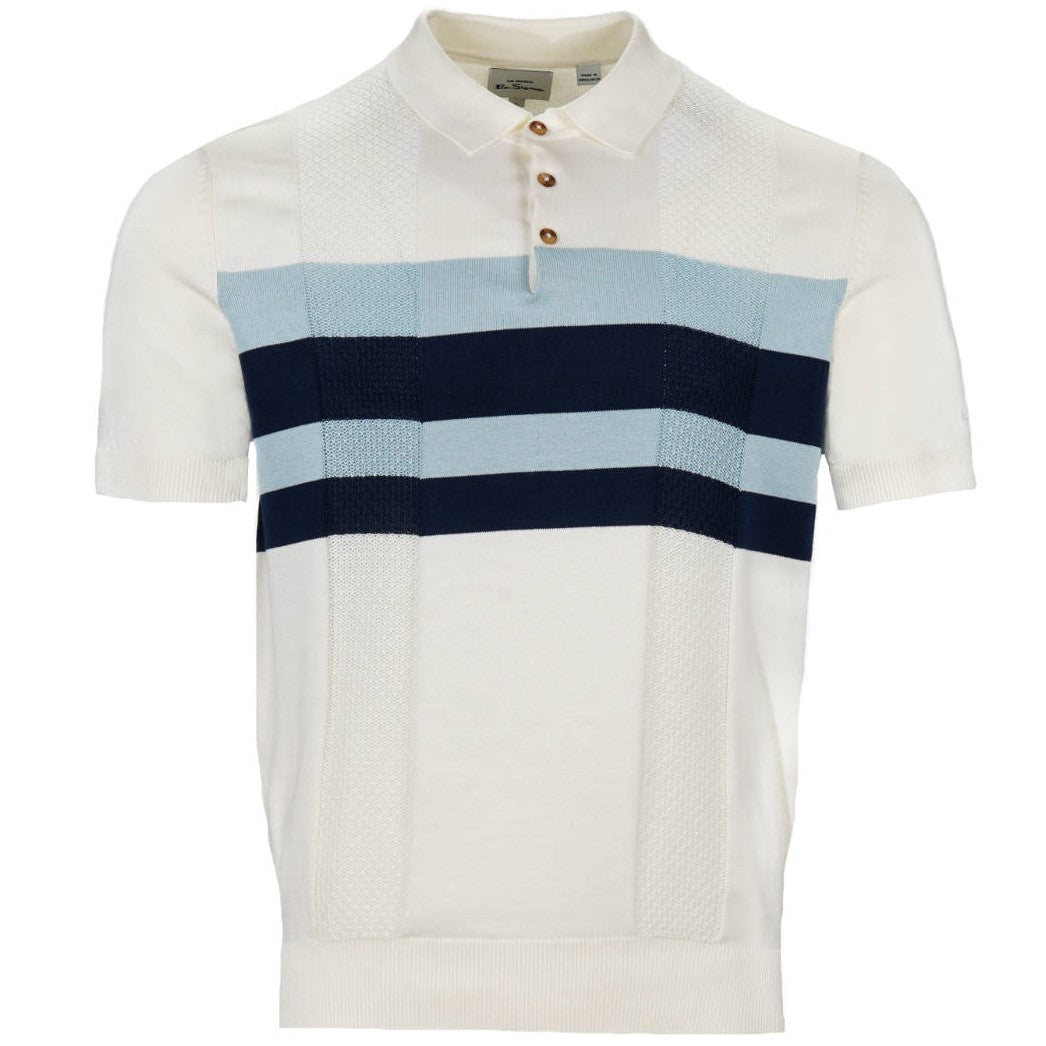 Ben Sherman Chest Stripe Texture Block Knit Polo Ivory