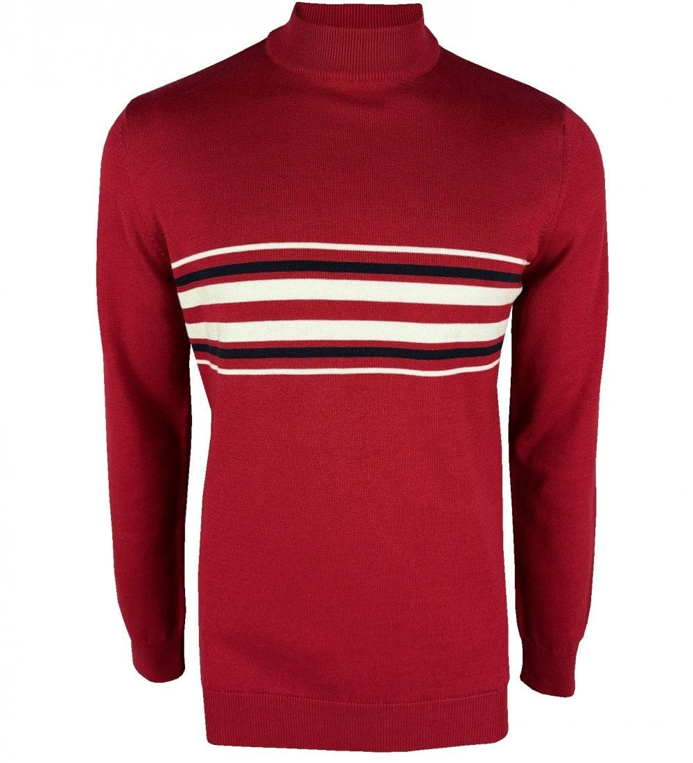 Ska & Soul Knebworth Border Stripe Fine Gauge Turtle Neck Deep Red