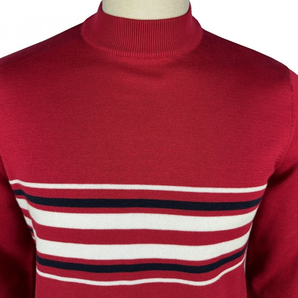 Ska & Soul Knebworth Border Stripe Fine Gauge Turtle Neck Deep Red