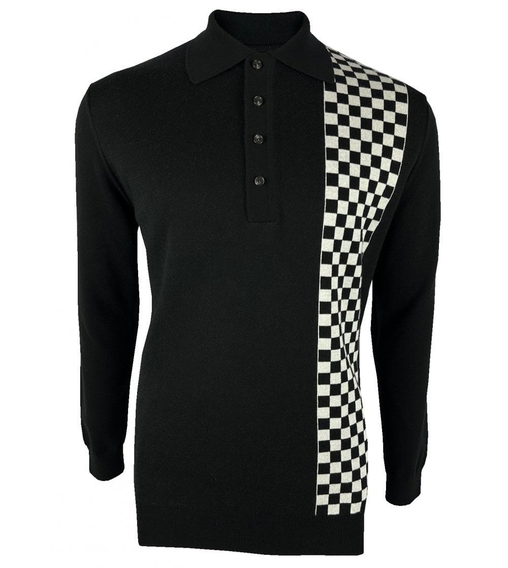 Ska & Soul Weller Chequerboard Fine Gauge Knit Polo Black