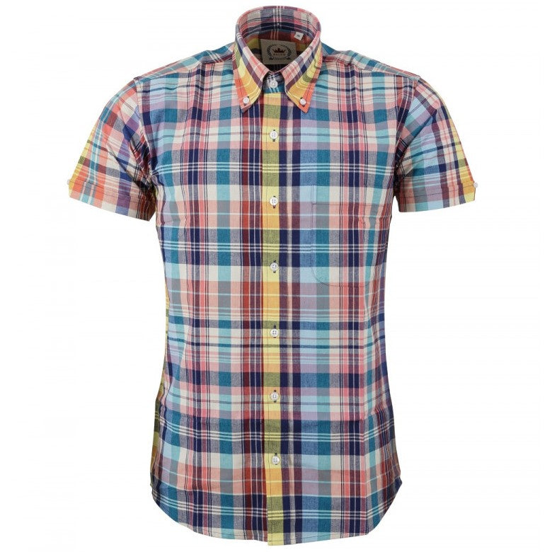 Relco Button Down Check Short Sleeve Shirt Multi Pastel Check