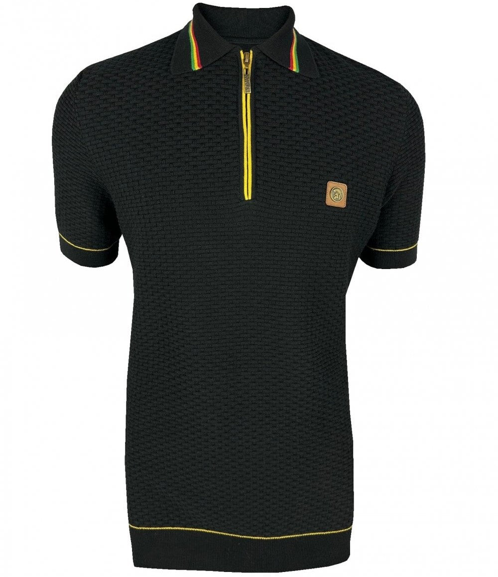 Trojan Records Fine Gauge Basketweave Knit Zip Polo Black