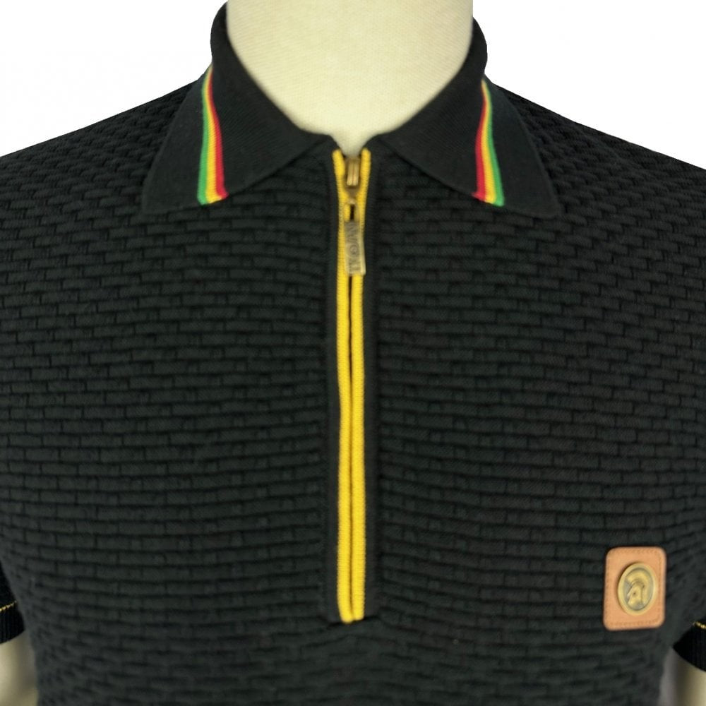 Trojan Records Fine Gauge Basketweave Knit Zip Polo Black