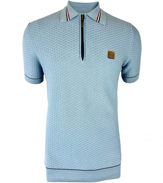 Trojan Records Fine Gauge Basketweave Knit Zip Polo Sky