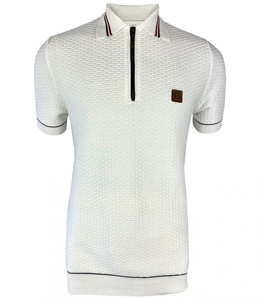 Trojan Records Fine Gauge Basketweave Knit Zip Polo Ecru