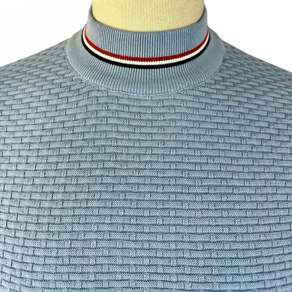 Trojan Records Fine Gauge Basketweave Knit Turtle Neck Sky