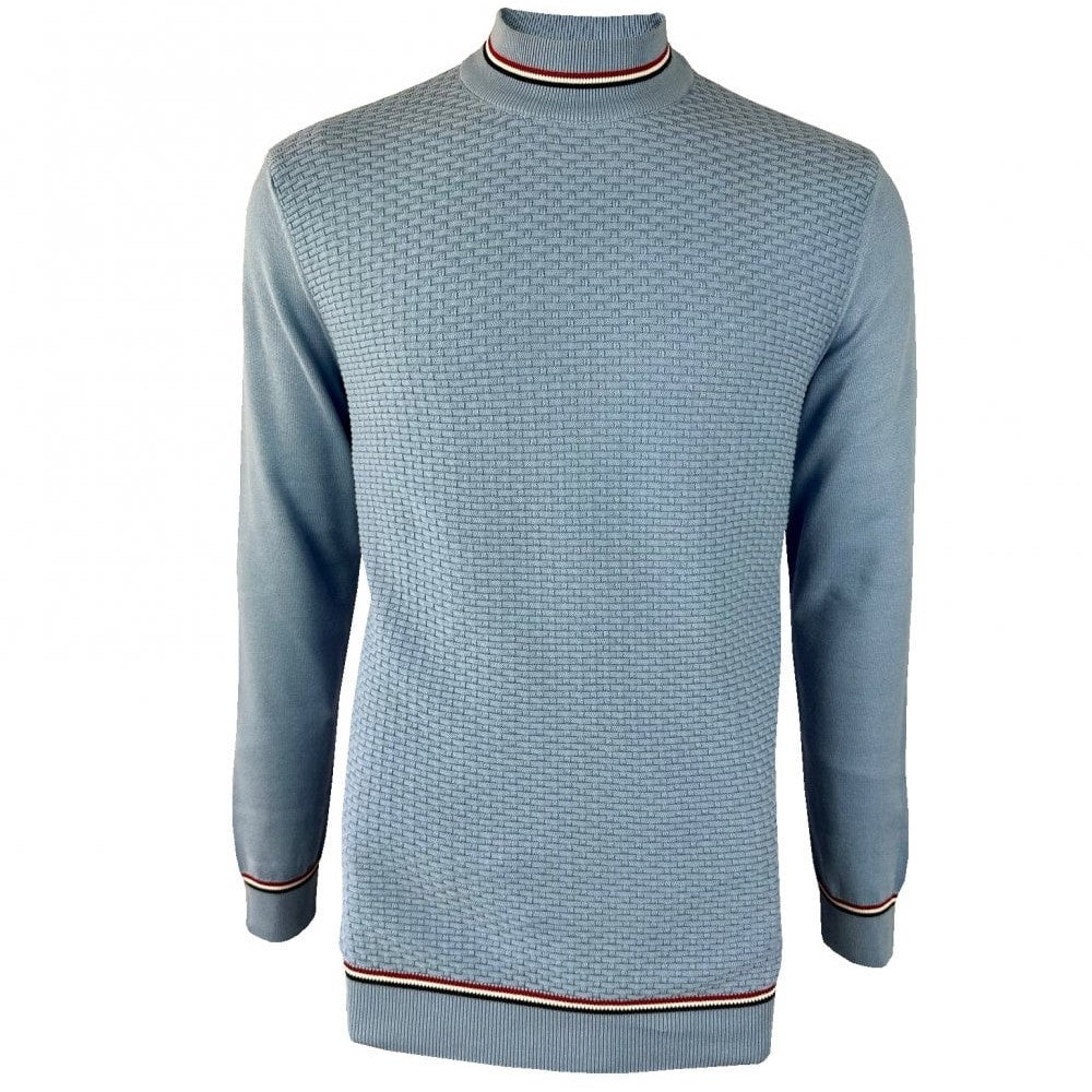 Trojan Records Fine Gauge Basketweave Knit Turtle Neck Sky