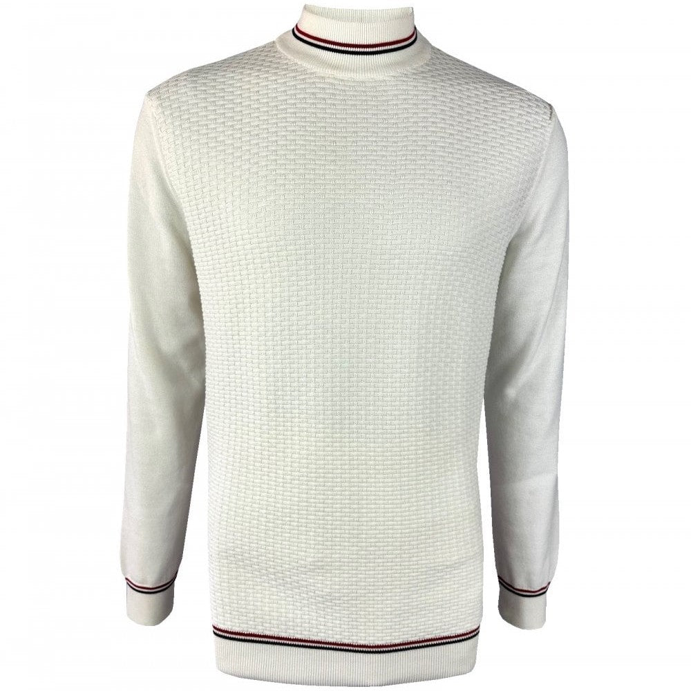 Trojan Records Fine Gauge Basketweave Knit Turtle Neck Ecru