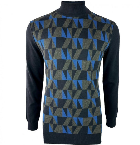 Trojan Records Fine Gauge Knit Geometric Turtle Neck Navy