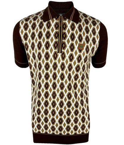 Trojan Records Geometric Fine Gauge Zip Neck Polo Chocolate