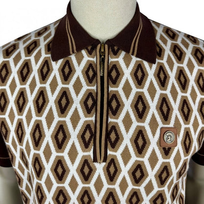 Trojan Records Geometric Fine Gauge Zip Neck Polo Chocolate