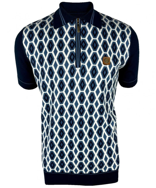 Trojan Records Geometric Fine Gauge Zip Neck Polo Navy