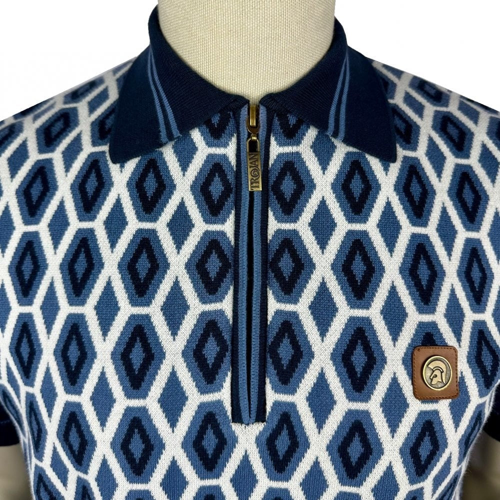 Trojan Records Geometric Fine Gauge Zip Neck Polo Navy