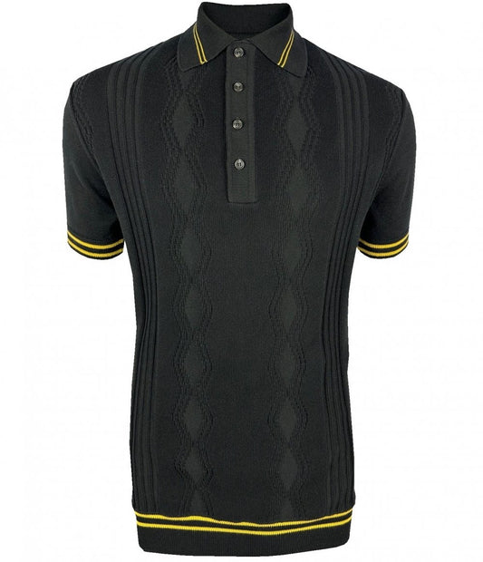 Trojan Records Fine Gauge Pointelle Knit Tipped Polo Black