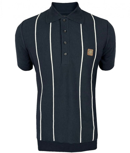 Trojan Records Fine Gauge Knit Raised Stripe Polo Navy