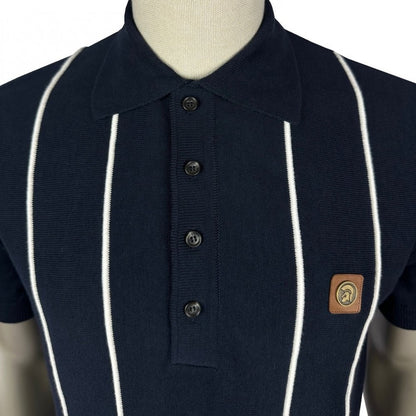 Trojan Records Fine Gauge Knit Raised Stripe Polo Navy