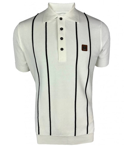 Trojan Records Fine Gauge Knit Raised Stripe Polo Ecru