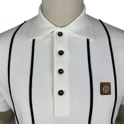 Trojan Records Fine Gauge Knit Raised Stripe Polo Ecru